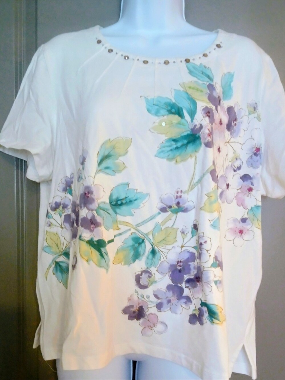 Alfred Dunner White Top with Teal and Lavender Floral Print Size PXL EUC